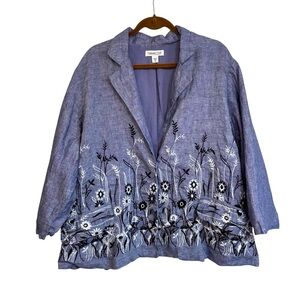 Coldwater Creek Blue Floral Embroidered Womens Jacket 3X Snaps Spring Boho Linen